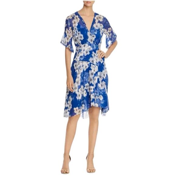 NWOT ELIE TAHARI Blue & White Floral Ruffle Sleeve Silk Dress Size 4 - Picture 1 of 10